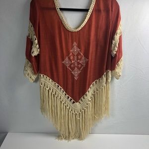 Love Anthropologie Women's Peasant Top Size M Burnt Orange Cream Crochet Fringe